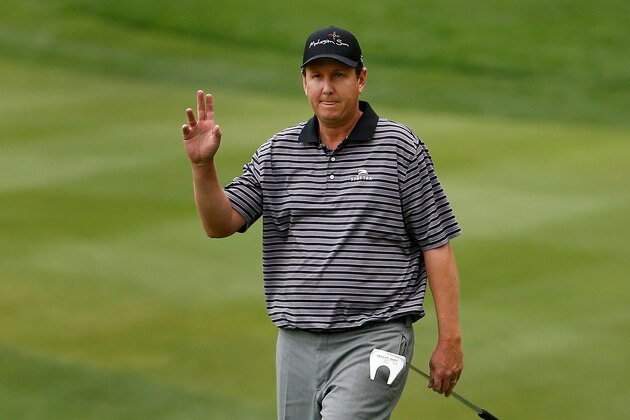 RENO, NV - AUGUST 08:  J.J. Henry reacts to fans after a putt on the 18th green during the third round of the Barracuda Championship at the Montreux Golf and Country Club on August 8, 2015 in Reno, Nevada.  (Photo by Christian Petersen/Getty Images)
