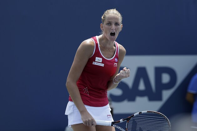 Karolina Pliskova, from Czech Republic, reacts after winning a point against Varvara Lepchenko during a semifinal in the Bank of the West Classic tennis tournament in Stanford, Calif., Saturday, Aug. 8, 2015. Pliskova won 6-2, 7-5. (AP Photo/Jeff Chiu)