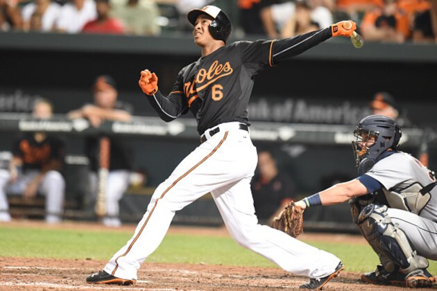 BALTIMORE, MD - JULY 31:  Jonathan Schoop #6 of the Baltimore Orioles takes a swing during a baseball game against the Detroit Tigers at Oriole Park at Camden Yards on July 31, 2015 in Baltimore, Maryland.  The Orioles won 8-7.  (Photo by Mitchell Layton/Getty Images)