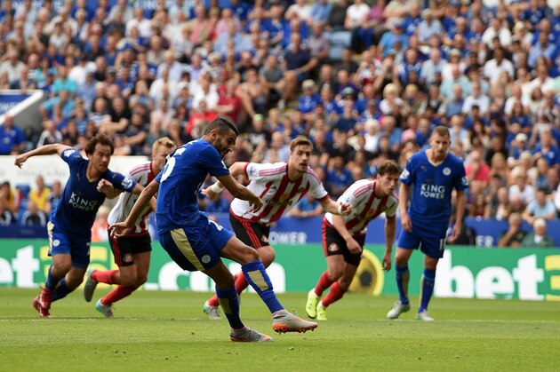 LEICESTER, ENGLAND - AUGUST 08:  Riyad Mahrez of Leicester City scores from the penalty spot during the Barclays Premier League match between Leicester City and Sunderland at The King Power Stadium on August 8, 2015 in Leicester, England  (Photo by Ross Kinnaird/Getty Images)