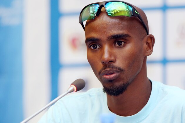 Mo Farah, a Somali-born British dpuble Olympic champion speaks during a press conference on Thursday, May 14, 2015 in Doha, prior to the upcoming IAAF Diamond League athletics meeting. (AP Photo/Osama Faisal)