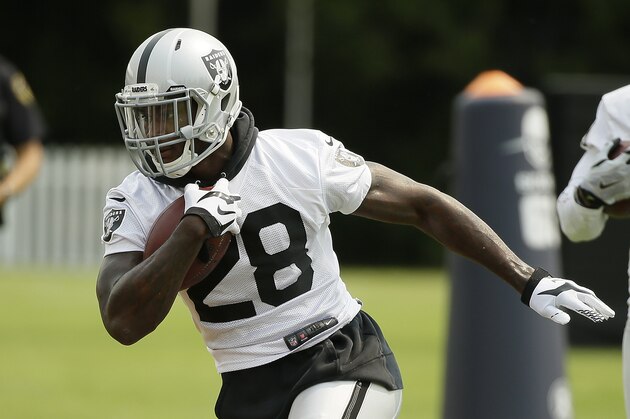 Oakland Raiders running back Latavius Murray during their football training camp Friday, July 31, 2015, in Napa, Calif. (AP Photo/Eric Risberg)