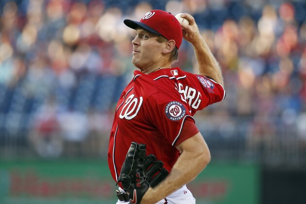 Washington Nationals starting pitcher Stephen Strasburg (37) throws during the  first inning of a baseball game against the Colorado Rockies at Nationals Park, Saturday, Aug. 8, 2015, in Washington. (AP Photo/Alex Brandon)