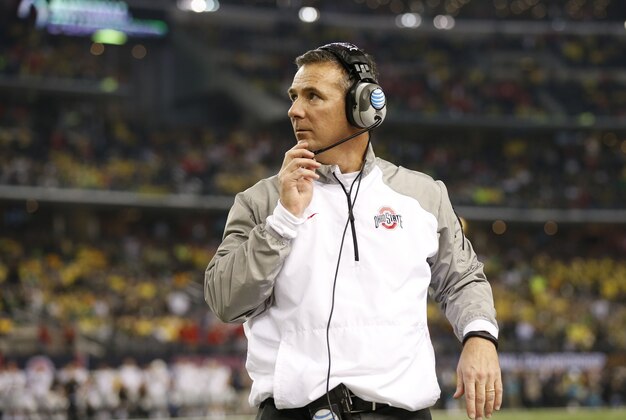 Jan 12, 2015; Arlington, TX, USA; Ohio State Buckeyes head coach Urban Meyer on the sidelines late in the fourth quarter against the Oregon Ducks in the 2015 CFP National Championship Game at AT&T Stadium. Mandatory Credit: Matthew Emmons-USA TODAY Sports