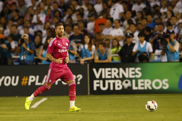 Jul 29, 2014; Dallas, TX, USA; Real Madrid defender Sergio Ramos (4) dribbles during the game against AS Roma at Cotton Bowl Stadium. Mandatory Credit: Kevin Jairaj-USA TODAY Sports