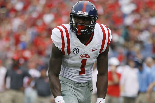 Mississippi wide receiver Laquon Treadwell gets set for a play in the first quarter of an NCAA college football game against Vanderbilt Saturday, Sept. 6, 2014, in Nashville, Tenn. (AP Photo/Mark Humphrey)