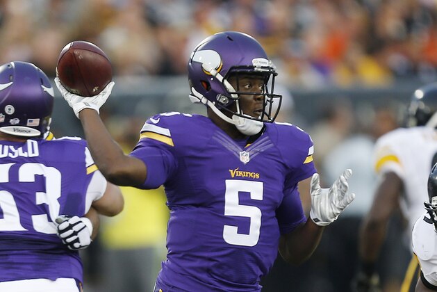 Minnesota Vikings quarterback Teddy Bridgewater (5) throws a pass during the first half of an NFL preseason football game against the Pittsburgh Steelers in Canton, Ohio,  Sunday, Aug. 9, 2015. (AP Photo/Tom E. Puskar)