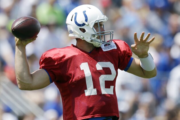 Indianapolis Colts quarterback Andrew Luck (12) throws during NFL football training camp in Anderson, Ind., Tuesday, Aug. 4, 2015.  (AP Photo/Michael Conroy)