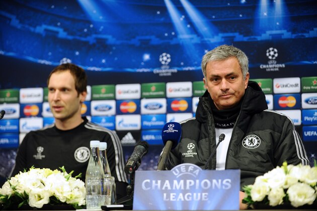 Chelsea`s head coach Jose Mourinho (R) and goalkeeper Petr Cech attend a press conference ahead of the UEFA Champions League round of 16  football match between Galatasaray and Chelsea on February 25, 2014, at the Kasimpasa training ground in Istanbul. AFP PHOTO / OZAN KOSE        (Photo credit should read OZAN KOSE/AFP/Getty Images)