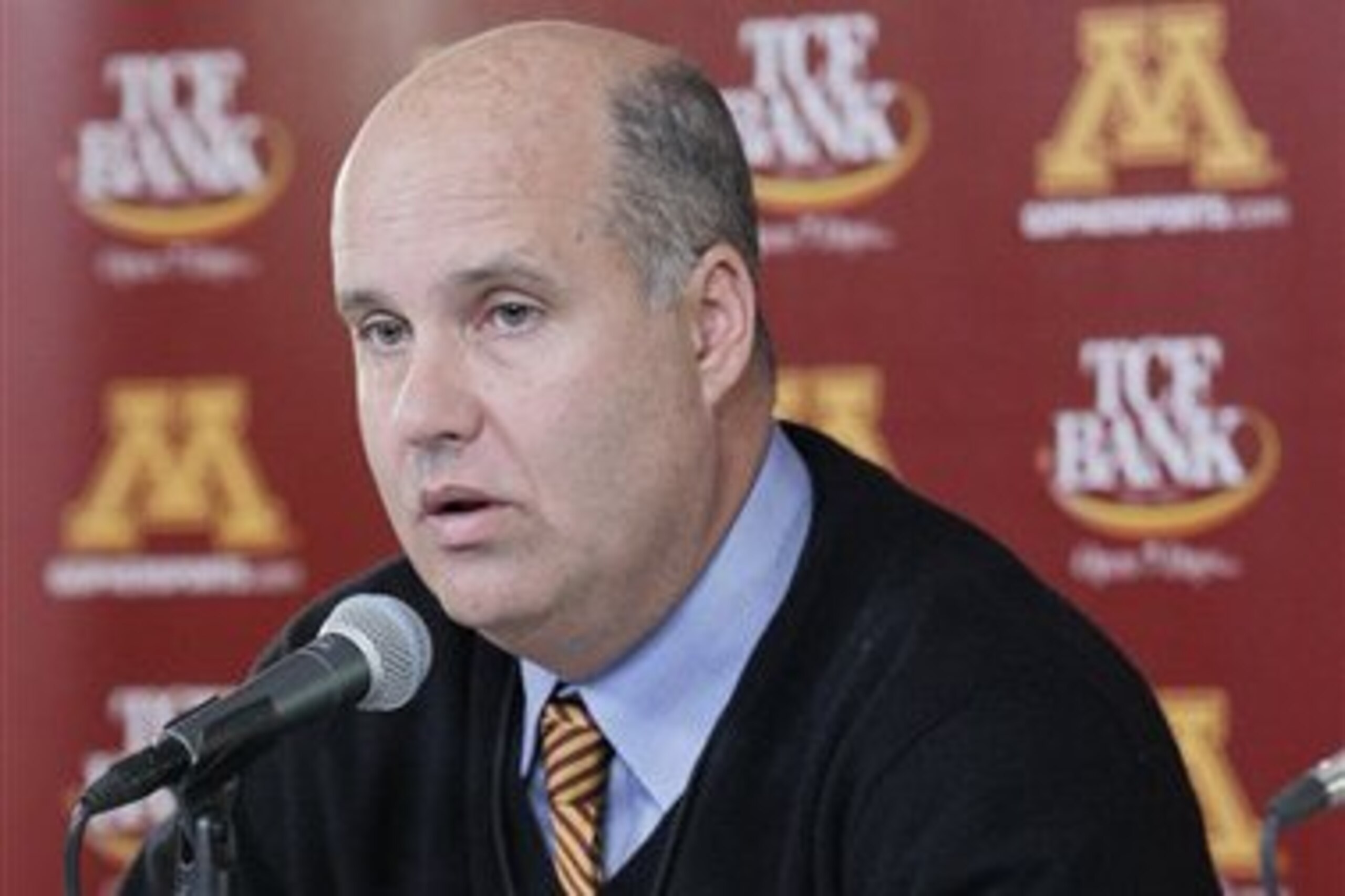 Minnesota athletic director Norwood Teague discusses football coach Jerry Kills condition after an NCAA college football game against Michigan State, Saturday, Nov. 24, 2012, in Minneapolis. Kill suffered a seizure at halftime, but was not hospitalized, according to the university. Michigan State won 26-10. (AP Photo/Paul Battaglia)
