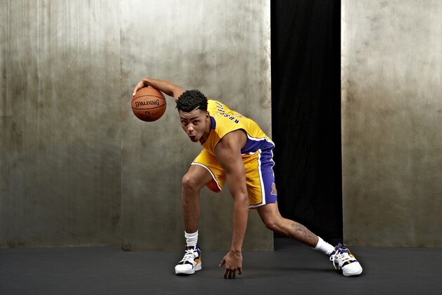 TARRYTOWN, NY - AUGUST 8:  D'Angelo Russell #1 of the Los Angeles Lakers poses for a portrait during the 2015 NBA rookie photo shoot on August 8, 2015 at the Madison Square Garden Training Facility in Tarrytown, New York. NOTE TO USER: User expressly acknowledges and agrees that, by downloading and or using this photograph, User is consenting to the terms and conditions of the Getty Images License Agreement. Mandatory Copyright Notice: Copyright 2015 NBAE (Photo by Jennifer Pottheiser/NBAE via Getty Images)