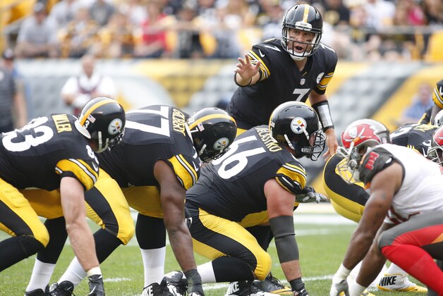 Sep 28, 2014; Pittsburgh, PA, USA; Pittsburgh Steelers tight end Heath Miller (83) and tackle Marcus Gilbert (77) and guard David DeCastro (66) listen as quarterback Ben Roethlisberger (7) calls an audible at the line of scrimmage against the Tampa Bay Buccaneers during the first quarter at Heinz Field. The Buccaneers won 27-24. Mandatory Credit: Charles LeClaire-USA TODAY Sports