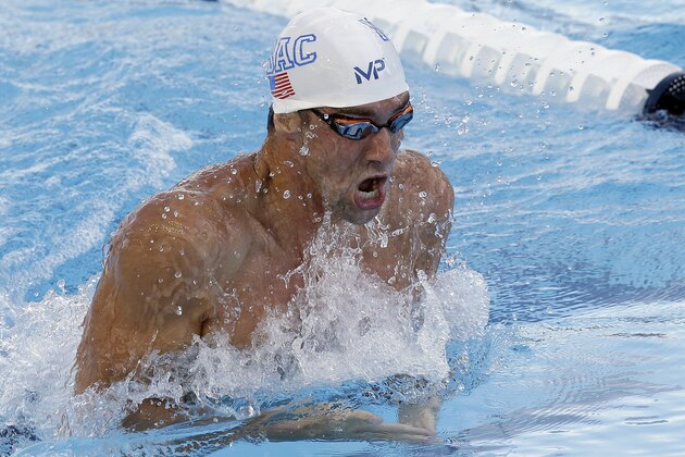 Michael Phelps competes in the finals of the men's 200-meter breaststroke at the the U.S. swimming nationals, Monday, Aug. 10, 2015, in San Antonio. Phelps finished fifth. (AP Photo/Eric Gay)