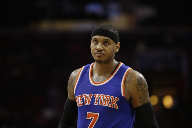 New York Knicks' Carmelo Anthony in action during an NBA basketball game against the Philadelphia 76ers, Wednesday, Jan. 21, 2015, in Philadelphia. (AP Photo/Matt Slocum)