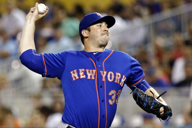 New York Mets starting pitcher Matt Harvey throws against the Miami Marlins during the first inning of a baseball game in Miami, Wednesday Aug. 5, 2015. (AP Photo/Joe Skipper)