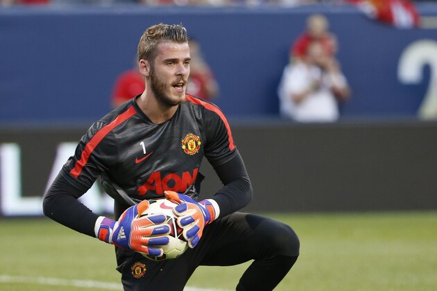 Manchester United goalkeeper David De Gea warms up before an International Champions Cup soccer match against Paris Saint-Germain on Wednesday, July 29, 2015, in Chicago. (AP Photo/Kamil Krzaczynski)