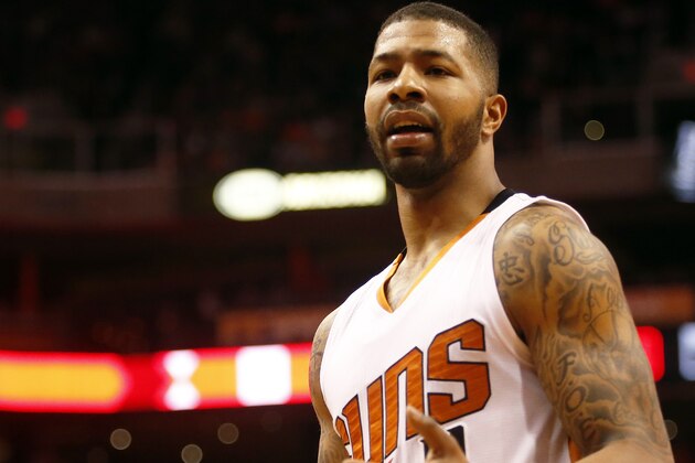 Phoenix Suns forward Markieff Morris (11) reacts to a foul call in the first quarter during an NBA basketball game against the San Antonio Spurs, Saturday, Feb. 28, 2015, in Phoenix. (AP Photo/Rick Scuteri)
