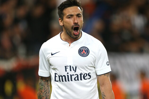 MONTPELLIER, FRANCE - MAY 16:  Ezequiel Lavezzi of PSG celebrates scoring the second goal of his team during the French Ligue 1 match between Montpellier Herault SC (MHSC) and Paris Saint-Germain (PSG) at Stade de la Mosson on May 16, 2015 in Montpellier, France. (Photo by Jean Catuffe/Getty Images)