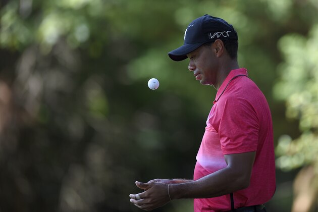 Tiger Woods tosses a golf ball as he waits for his playing partner to finish  putting during the final round of the Quicken Loans National golf tournament at the Robert Trent Jones Golf Club in Gainesville, Va., Sunday, Aug. 2, 2015. (AP Photo/Nick Wass)