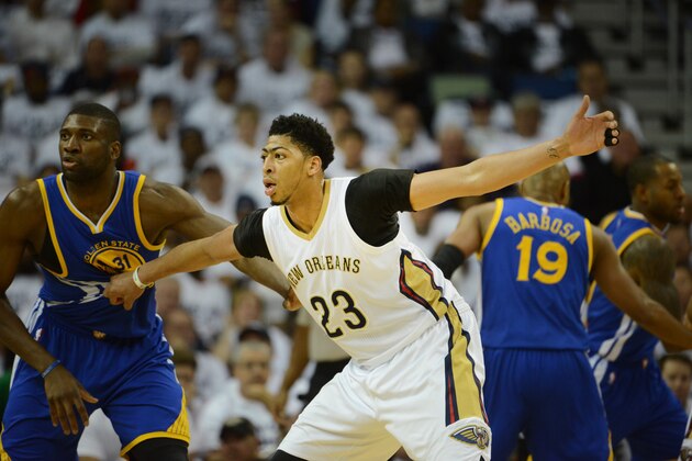 NEW ORLEANS, LA - APRIL 25: Anthony Davis #23 of the New Orleans Pelicans defends the basket against the Golden State Warriors during Game Four of the Western Conference Quarterfinals during the NBA Playoffs at Smoothie King Center on April 25, 2015 in New Orleans, Louisiana. NOTE TO USER: User expressly acknowledges and agrees that, by downloading and/or using this Photograph, user is consenting to the terms and conditions of the Getty Images License Agreement. Mandatory Copyright Notice: Copyright 2014 NBAE (Photo by Noah Graham/NBAE via Getty Images)