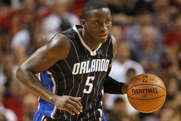 Orlando Magic’s Victor Oladipo (5) dribbles the ball up court against the Miami Heat during the first half of an NBA basketball game, Monday, April 13, 2015, in Miami, Fla. Miami defeated Orlando 100-93. (AP Photo/Joel Auerbach) Orlando Magic’s Victor Oladipo (5) dribbles the ball up court against the Miami Heat during the first half of an NBA basketball game, Monday, April 13, 2015, in Miami, Fla. Miami defeated Orlando 100-93. (AP Photo/Joel Auerbach)