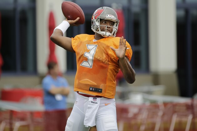 Tampa Bay Buccaneers quarterback Jameis Winston throws during a Buccaneers NFL football training camp practice Monday, Aug. 3, 2015, in Tampa, Fla. (AP Photo/Chris O'Meara)