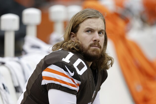 Cleveland Browns kicker Hartley, Garrett is shown during an NFL football game against the Cincinnati Bengals Sunday, Dec. 14, 2014, in Cleveland. (AP Photo/Tony Dejak)