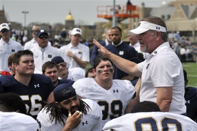 Notre Dame coach Brian Kelly talks to his players after the second half at the Blue Gold NCAA college football game, Saturday April 18, 2015 in South Bend, Ind. (AP Photo/Joe Raymond)