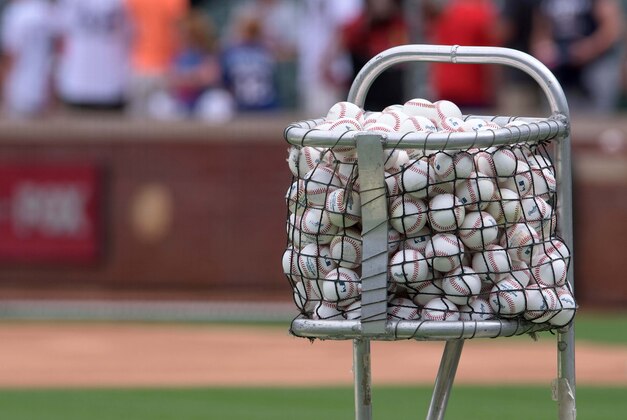 Jul 3, 2015; Arlington, TX, USA; A general view of the baseballs before the game between the Texas Rangers and the Los Angeles Angels at Globe Life Park in Arlington. Mandatory Credit: Jerome Miron-USA TODAY Sports