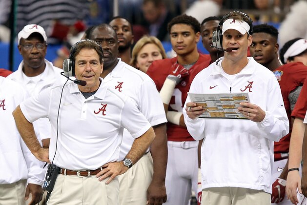 Jan 1, 2015; New Orleans, LA, USA; Alabama Crimson Tide head coach Nick Saban and offensive coordinator Lane Kiffin on the sidelines in the second quarter of the 2015 Sugar Bowl at Mercedes-Benz Superdome. Mandatory Credit: Chuck Cook-USA TODAY Sports