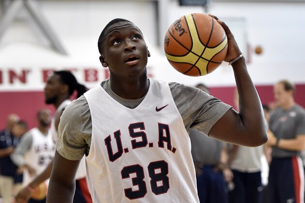 Victor Oladipo looks to shoot during a U.S. men's basketball mini camp on Tuesday, Aug. 11, 2015, in Las Vegas. (AP Photo/David Becker)
