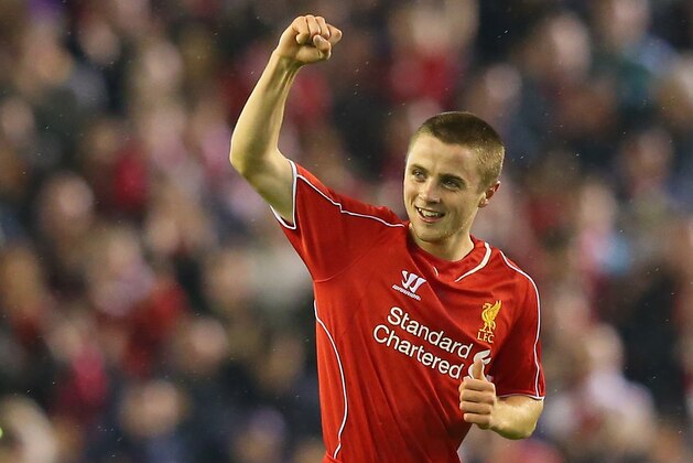 LIVERPOOL, ENGLAND - SEPTEMBER 23:  Jordan Rossiter of Liverpool celebrates after scoring the opening goal during the Capital One Cup Third Round match between Liverpool and Middlesbrough at Anfield on September 23, 2014 in Liverpool, England.  (Photo by Alex Livesey/Getty Images)