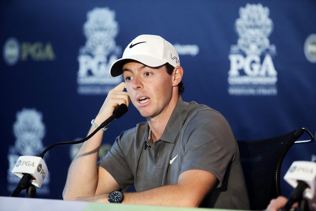 Rory McIlroy, of Northern Ireland, answers a question at a news conference before a practice round for the PGA Championship golf tournament Wednesday, Aug. 12, 2015, at Whistling Straits in Haven, Wis. (AP Photo/Chris Carlson)
