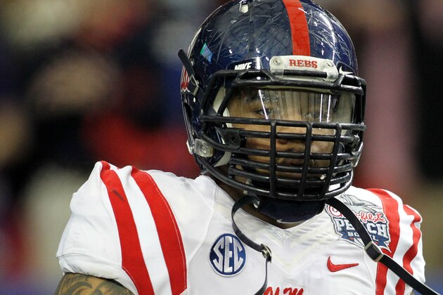 Dec 31, 2014; Atlanta , GA, USA; Mississippi Rebels defensive tackle Robert Nkemdiche (5) takes the field prior to facing the TCU Horned Frogs in the 2014 Peach Bowl at the Georgia Dome. Mandatory Credit: Brett Davis-USA TODAY Sports