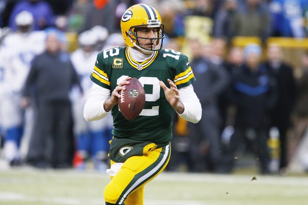 Green Bay Packers' Aaron Rodgers during the first half of an NFL football game against the Detroit Lions Sunday, Dec. 28, 2014, in Green Bay, Wis. (AP Photo/Matt Ludtke)