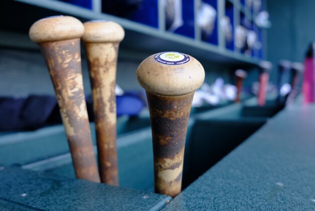 Aug 16, 2014; Detroit, MI, USA; Baseball bats in the dugout before the game between the Detroit Tigers and the Seattle Mariners at Comerica Park. Mandatory Credit: Rick Osentoski-USA TODAY Sports