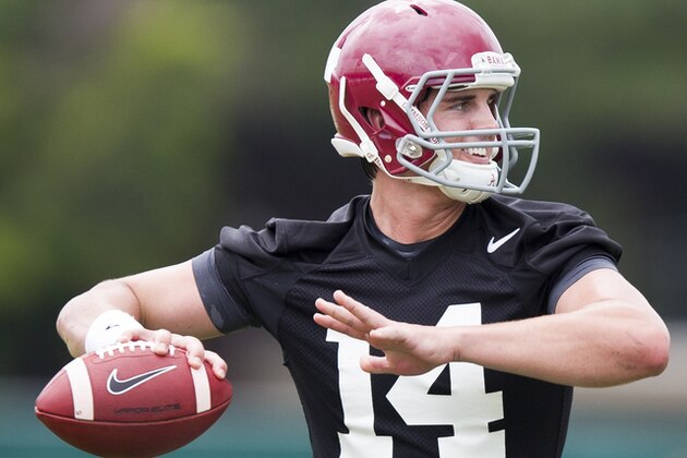 Alabama quarterback Jake Coker sets back to throw the ball during NCAA college football practice, Thursday, Aug. 6, 2015, in Tuscaloosa, Ala. (AP Photo/Brynn Anderson)