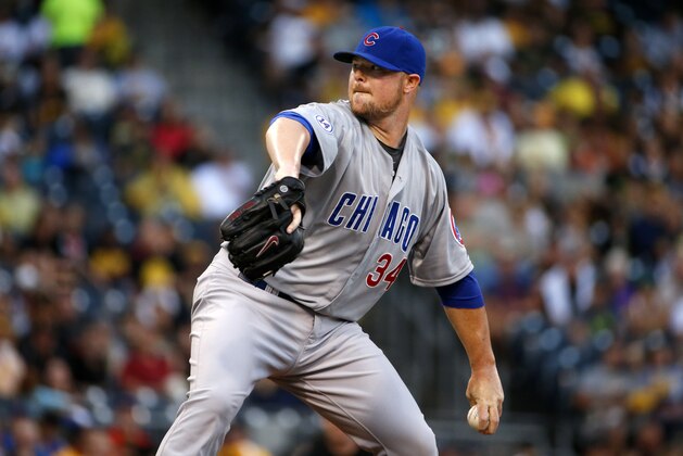 Chicago Cubs starting pitcher Jon Lester (34) delivers during the first inning of a baseball game against the Pittsburgh Pirates in Pittsburgh, Monday, Aug. 3, 2015. (AP Photo/Gene J. Puskar)