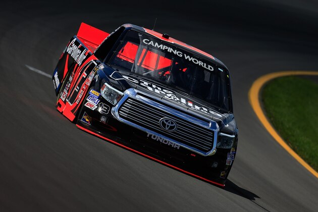 LONG POND, PA - JULY 31:  Cameron Hayley, driver of the #13 Cabinets by Hayley / Carolina Nut Co. Toyota, practices for the NASCAR Camping World Truck Series Pocono Mountains 150 at Pocono Raceway on July 31, 2015 in Long Pond, Pennsylvania.  (Photo by Chris Trotman/Getty Images)