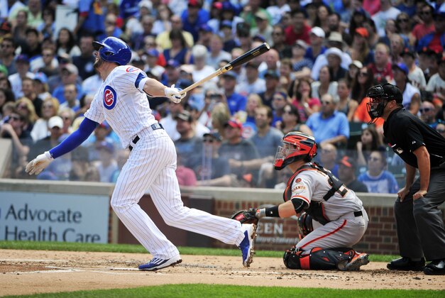 Aug 9, 2015; Chicago, IL, USA; Chicago Cubs third baseman Kris Bryant (17) hits an RBI single against the San Francisco Giants at Wrigley Field. Mandatory Credit: David Banks-USA TODAY Sports