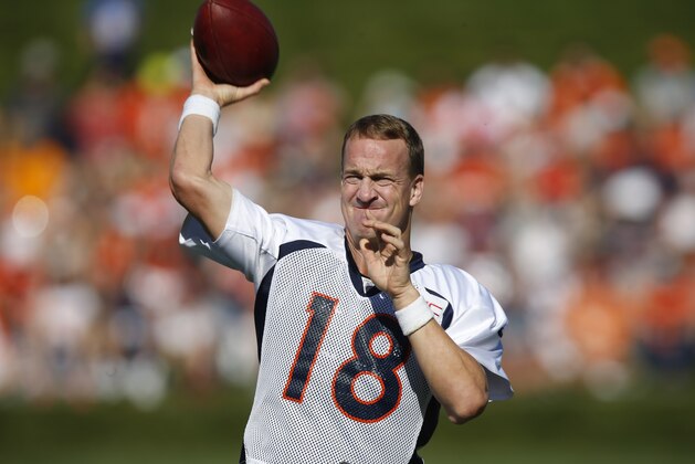 Denver Broncos quarterback Peyton Manning throws during the morning session at the team's NFL football training camp Wednesday, Aug. 12, 2015, in Englewood, Colo. (AP Photo/David Zalubowski)