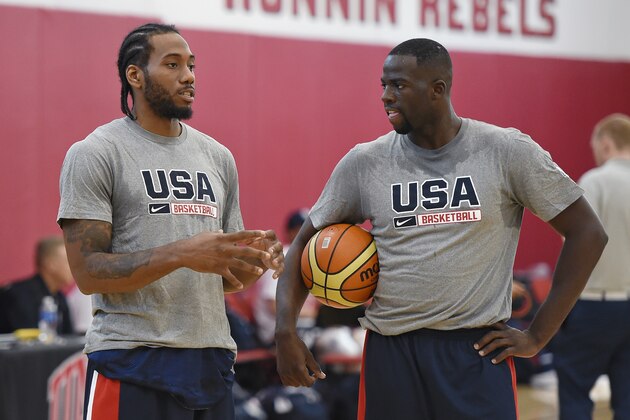 LAS VEGAS, NV - AUGUST 11:  Kawhi Leonard #30 (L) and Draymond Green #37 of the 2015 USA Basketball Men's National Team talk during a practice session at the Mendenhall Center on August 11, 2015 in Las Vegas, Nevada.  (Photo by Ethan Miller/Getty Images)