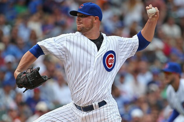 CHICAGO, IL - AUGUST 07:  Starting pitcher Jon Lester #34 of the Chicago Cubs delivers the ball against the San Francisco Giants at Wrigley Field on August 7, 2015 in Chicago, Illinois.  (Photo by Jonathan Daniel/Getty Images)