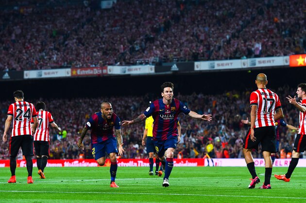 BARCELONA, SPAIN - MAY 30:  Lionel Messi of FC Barcelona celebrates after scoring the opening goal during the Copa del Rey Final match between FC Barcelona and Athletic Club at Camp Nou on May 30, 2015 in Barcelona, Spain.  (Photo by David Ramos/Getty Images)