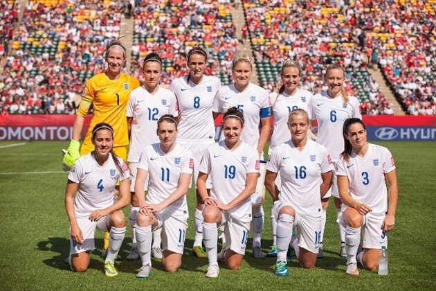 England's starting 11 pose before their semifinal match against Japan at the FIFA Women's World Cup at Commonwealth Stadium in Edmonton, Canada on July 1, 2015.   AFP PHOTO/GEOFF ROBINS        (Photo credit should read GEOFF ROBINS/AFP/Getty Images)
