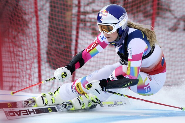 Lindsey Vonn skis the women's giant slalom skiing course as a forerunner before the first run of the women's giant slalom race at the U.S. Alpine Ski Championship in Carrabassett Valley, Maine, Thursday, March 26, 2015. (AP Photo/Charles Krupa)