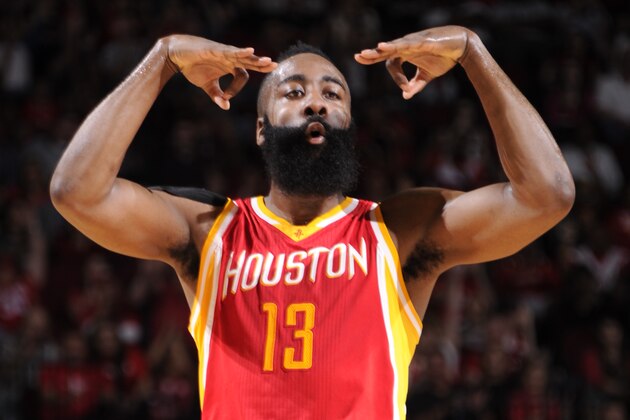 HOUSTON, TX - MARCH 19: James Harden #13 of the Houston Rockets celebrates during a game against the Denver Nuggets on March 19, 2015 at the Toyota Center in Houston, Texas. NOTE TO USER: User expressly acknowledges and agrees that, by downloading and or using this photograph, User is consenting to the terms and conditions of the Getty Images License Agreement. Mandatory Copyright Notice: Copyright 2015 NBAE (Photo by Bill Baptist/NBAE via Getty Images)
