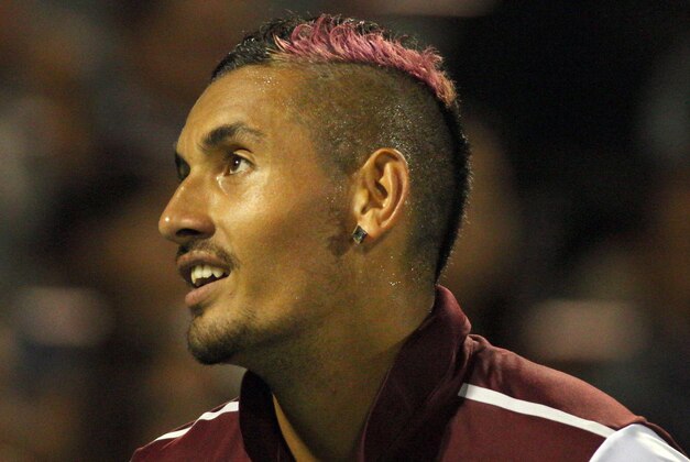 Aug 12, 2015; Montreal, Quebec, Canada;  Nick Kyrgios of Australia reacts in the match against Stan Wawrinka of Switzerland (not pictured) during the Rogers Cup tennis tournament at Uniprix Stadium. Mandatory Credit: Jean-Yves Ahern-USA TODAY Sports