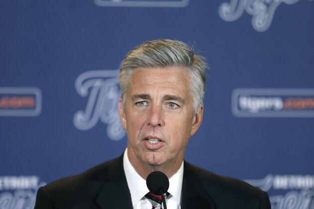 Dave Dombrowski, general manager of the Detroit Tigers addresses the media in Detroit, Friday, Nov. 14, 2014, after designated hitter Victor Martinez agreed to terms on a four-year contract through the 2018 season. (AP Photo/Carlos Osorio)