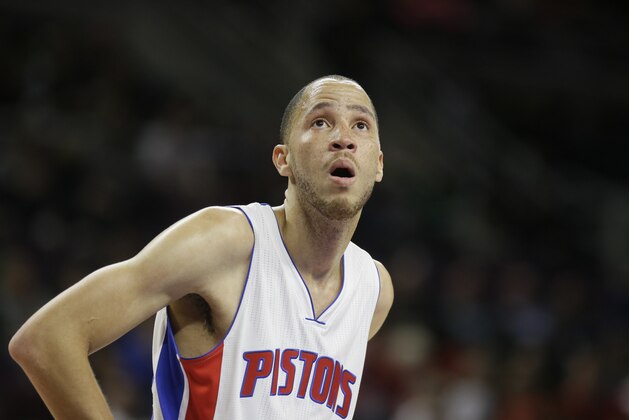 Detroit Pistons forward Tayshaun Prince is seen during the second half of an NBA basketball game against the New York Knicks, Friday, Feb. 27, 2015 in Auburn Hills, Mich. (AP Photo/Carlos Osorio)